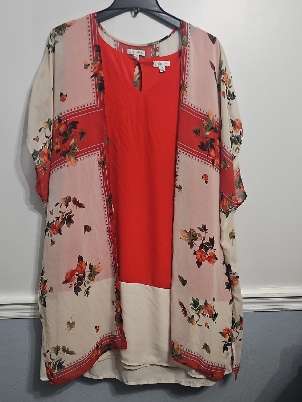 2 Pc Floral Open-Front Tunic with Red Inner Shell And Red/cream Sleeveless Dress